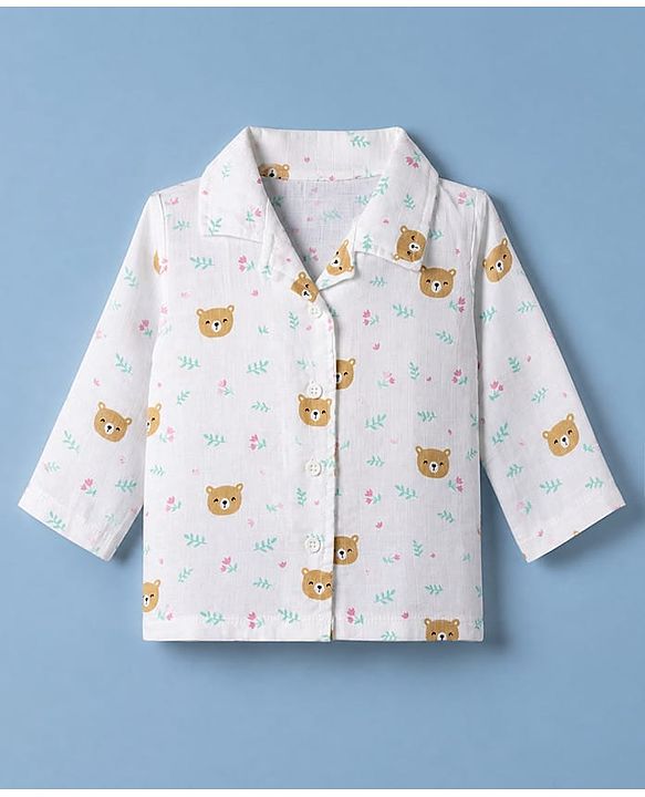 Babyhug Cotton Muslin Woven Front Open Co-ord Shirt & Pajama Night Suit with Floral & Bear Print - White