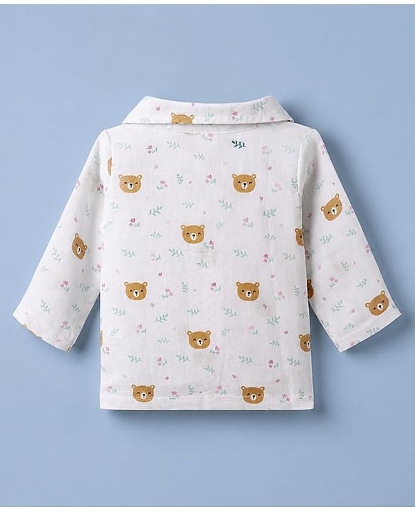 Babyhug Cotton Muslin Woven Front Open Co-ord Shirt & Pajama Night Suit with Floral & Bear Print - White