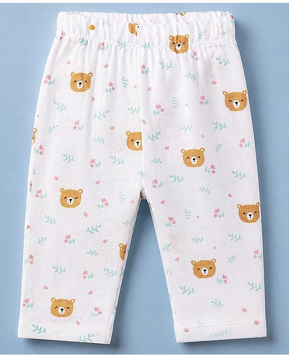 Babyhug Cotton Muslin Woven Front Open Co-ord Shirt & Pajama Night Suit with Floral & Bear Print - White