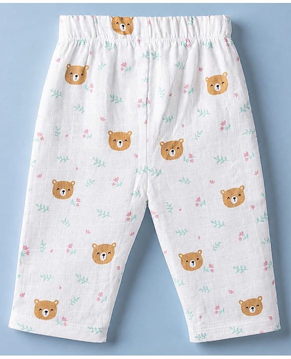 Babyhug Cotton Muslin Woven Front Open Co-ord Shirt & Pajama Night Suit with Floral & Bear Print - White