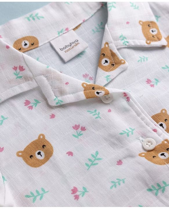 Babyhug Cotton Muslin Woven Front Open Co-ord Shirt & Pajama Night Suit with Floral & Bear Print - White