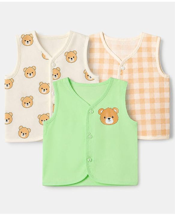 Babyhug 100% Cotton Cambric Woven Jhablas with Sleeveless and Bear Print Pack of 3 - Green Peach & Orange