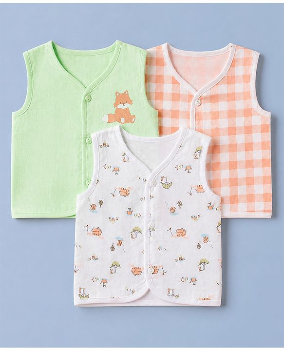 Babyhug 100% Cotton Cambric Woven Sleeveless Jhablas with Fox Print Pack of 3 - White Green & Orange