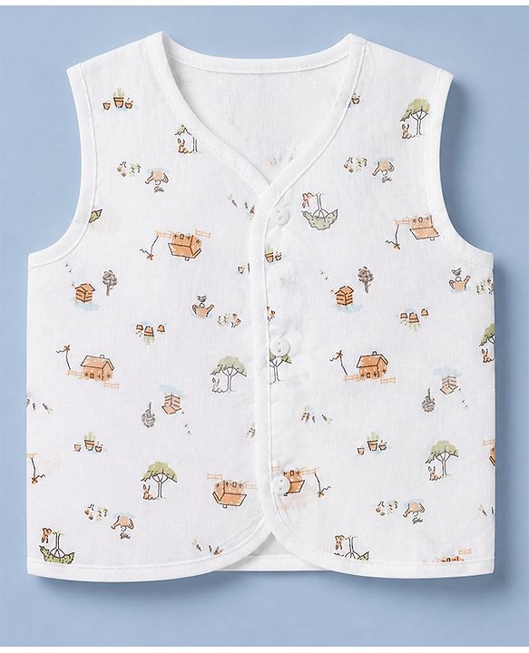 Babyhug 100% Cotton Cambric Woven Sleeveless Jhablas with Fox Print Pack of 3 - White Green & Orange