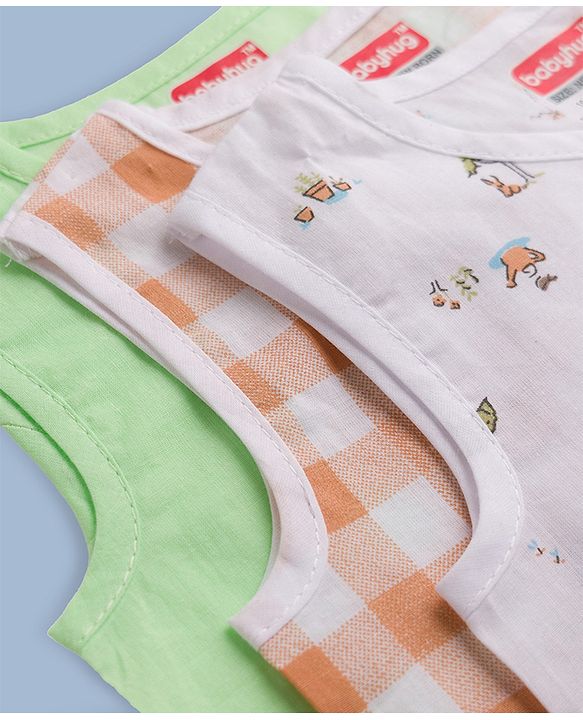 Babyhug 100% Cotton Cambric Woven Sleeveless Jhablas with Fox Print Pack of 3 - White Green & Orange