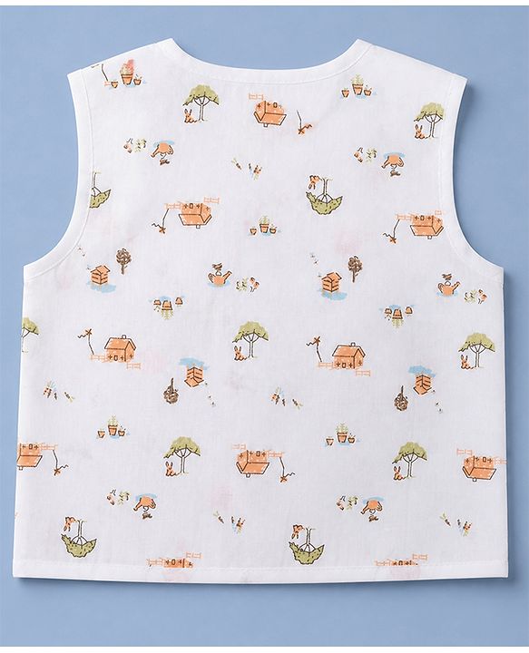 Babyhug 100% Cotton Cambric Woven Sleeveless Jhablas with Fox Print Pack of 3 - White Green & Orange