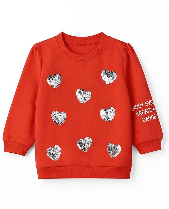 Babyhug 100 % Cotton Fleece Knit Sweatshirt with Full Sleeves and Hearts Sequins in Red