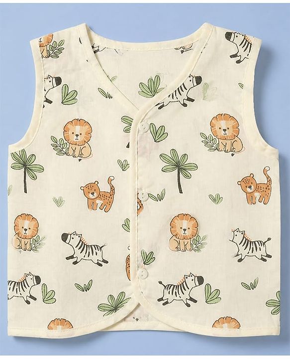 Babyhug 100% Cotton Cambric Woven Jhablas with Sleeveless and Lion Print Pack of 3 - Green Peach & White