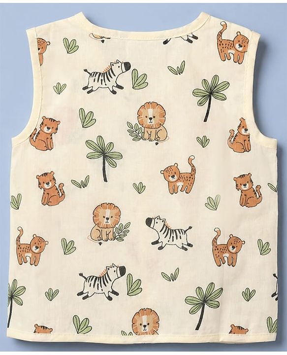 Babyhug 100% Cotton Cambric Woven Jhablas with Sleeveless and Lion Print Pack of 3 - Green Peach & White