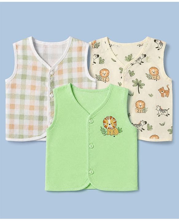 Babyhug 100% Cotton Cambric Woven Jhablas with Sleeveless and Lion Print Pack of 3 - Green Peach & White