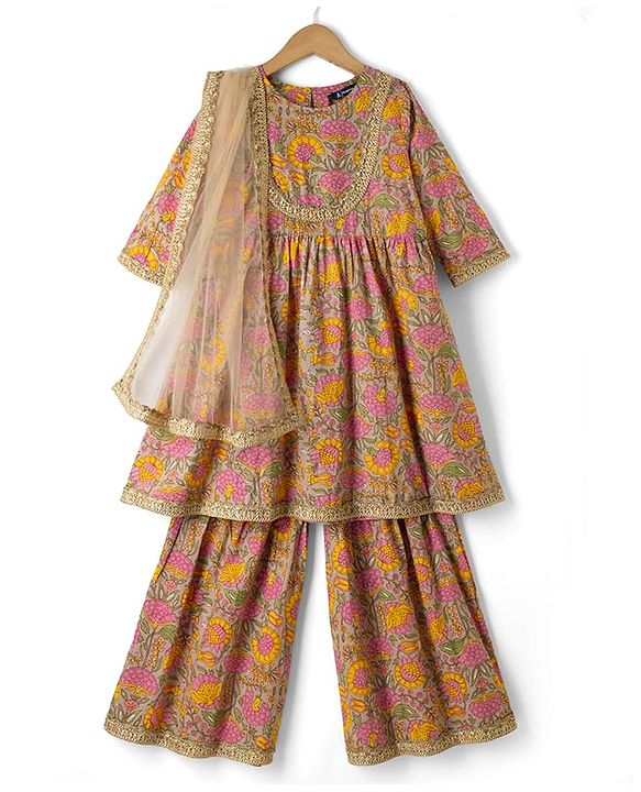 Pine Kids 100% Cotton Woven 3/4th Sleeves Kurti & Pat Set With Dupatta & Floral Print in Beige