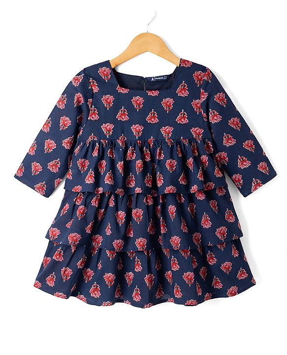 Pine Kids Cotton Woven Three Fourth Sleeves Kurta and Salwar Set with Dupatta and Floral Print - Blue