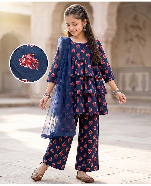 Pine Kids Cotton Woven Three Fourth Sleeves Kurta and Salwar Set with Dupatta and Floral Print - Blue