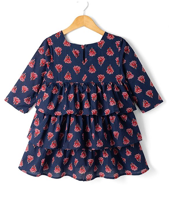 Pine Kids Cotton Woven Three Fourth Sleeves Kurta and Salwar Set with Dupatta and Floral Print - Blue