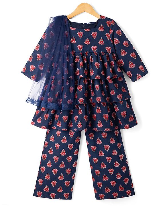 Pine Kids Cotton Woven Three Fourth Sleeves Kurta and Salwar Set with Dupatta and Floral Print - Blue