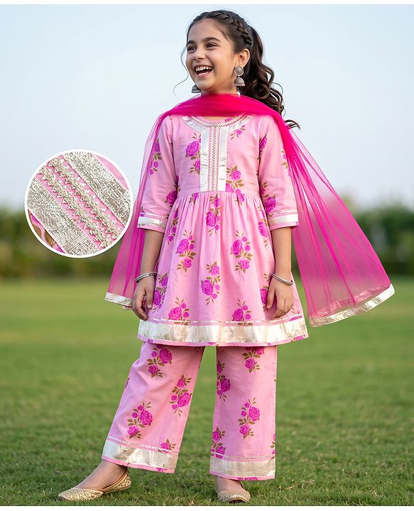 Pine Kids 100% Cotton Woven Three-Fourth Sleeves Kurti and Pant Set With Floral Print & Dupatta - Pink