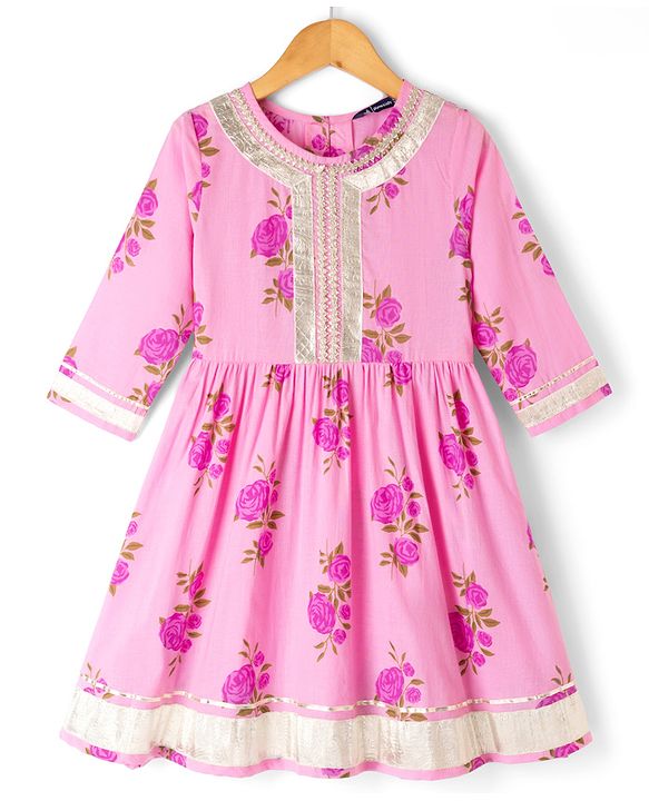 Pine Kids 100% Cotton Woven Three-Fourth Sleeves Kurti and Pant Set With Floral Print & Dupatta - Pink