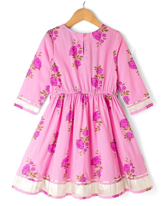 Pine Kids 100% Cotton Woven Three-Fourth Sleeves Kurti and Pant Set With Floral Print & Dupatta - Pink