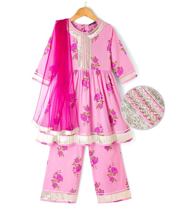 Pine Kids 100% Cotton Woven Three-Fourth Sleeves Kurti and Pant Set With Floral Print & Dupatta - Pink