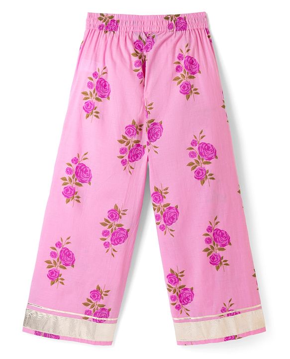 Pine Kids 100% Cotton Woven Three-Fourth Sleeves Kurti and Pant Set With Floral Print & Dupatta - Pink