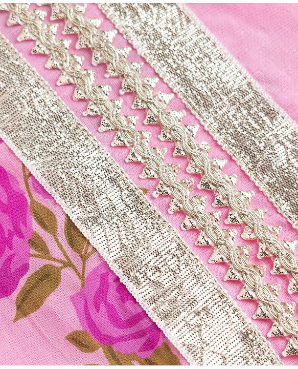 Pine Kids 100% Cotton Woven Three-Fourth Sleeves Kurti and Pant Set With Floral Print & Dupatta - Pink