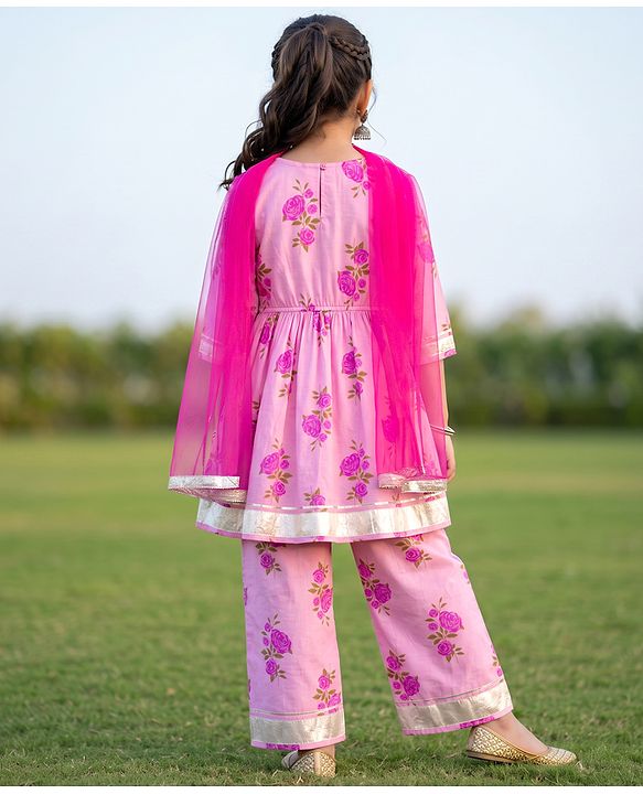 Pine Kids 100% Cotton Woven Three-Fourth Sleeves Kurti and Pant Set With Floral Print & Dupatta - Pink