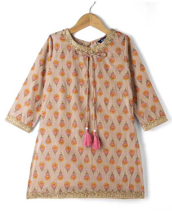 Pine Kids 100% Cotton Woven Three-Fourth Sleeves Floral Printed Kurta & Gharara Set With Dupatta - Beige