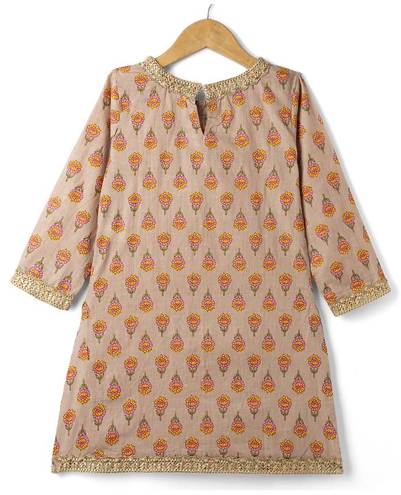 Pine Kids 100% Cotton Woven Three-Fourth Sleeves Floral Printed Kurta & Gharara Set With Dupatta - Beige