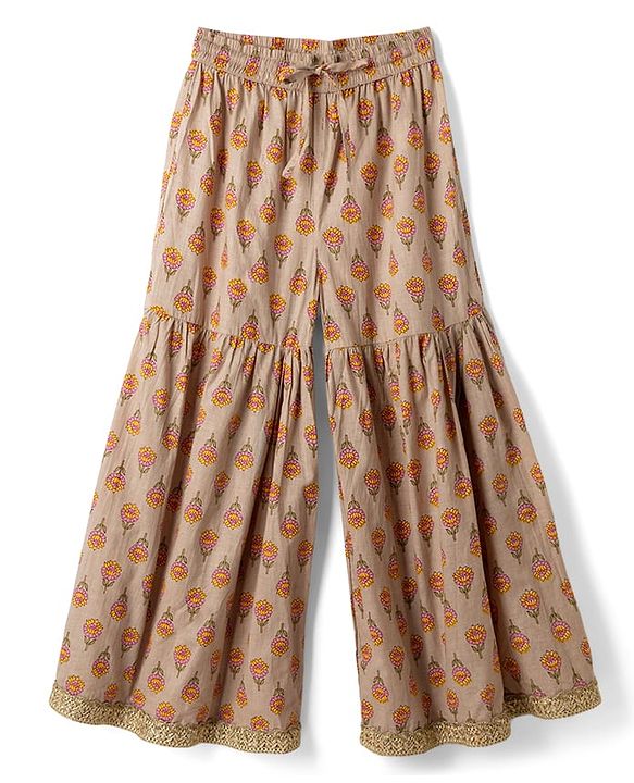 Pine Kids 100% Cotton Woven Three-Fourth Sleeves Floral Printed Kurta & Gharara Set With Dupatta - Beige
