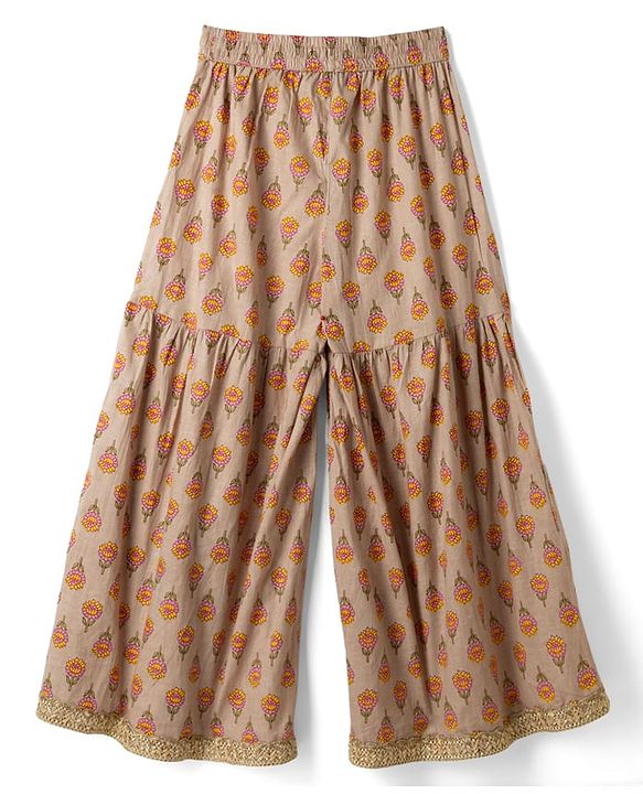 Pine Kids 100% Cotton Woven Three-Fourth Sleeves Floral Printed Kurta & Gharara Set With Dupatta - Beige