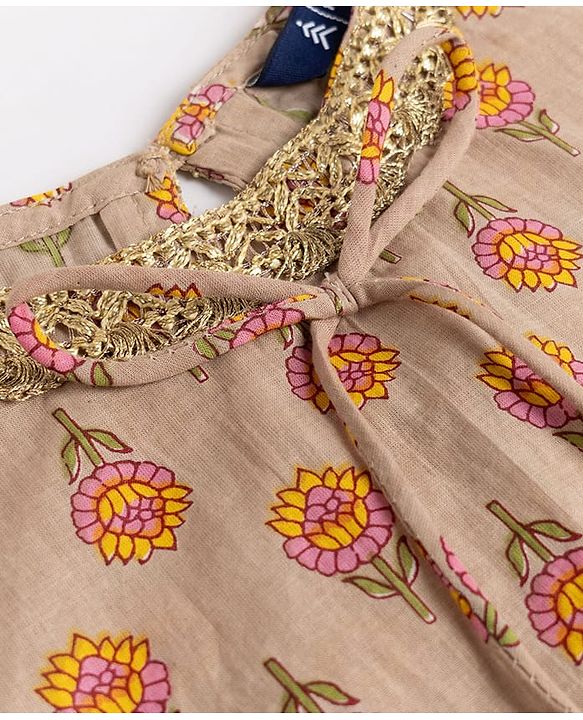 Pine Kids 100% Cotton Woven Three-Fourth Sleeves Floral Printed Kurta & Gharara Set With Dupatta - Beige