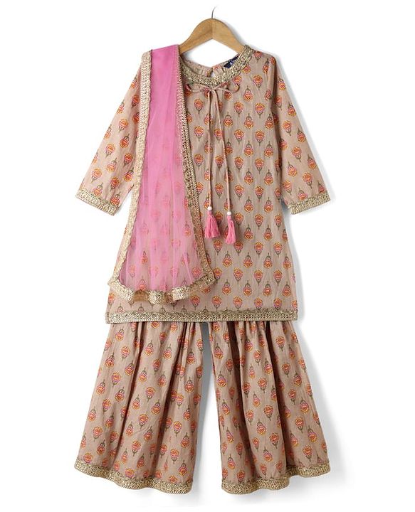 Pine Kids 100% Cotton Woven Three-Fourth Sleeves Floral Printed Kurta & Gharara Set With Dupatta - Beige