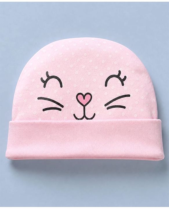 Babyhug 100% Cotton Interlock Knit Cap, Mitten & Booties with Polka Dots in Pink - Diameter - 14.5 cm