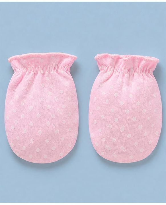 Babyhug 100% Cotton Interlock Knit Cap, Mitten & Booties with Polka Dots in Pink - Diameter - 14.5 cm