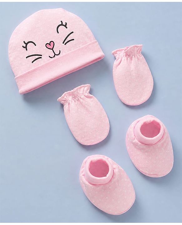 Babyhug 100% Cotton Interlock Knit Cap, Mitten & Booties with Polka Dots in Pink - Diameter - 14.5 cm