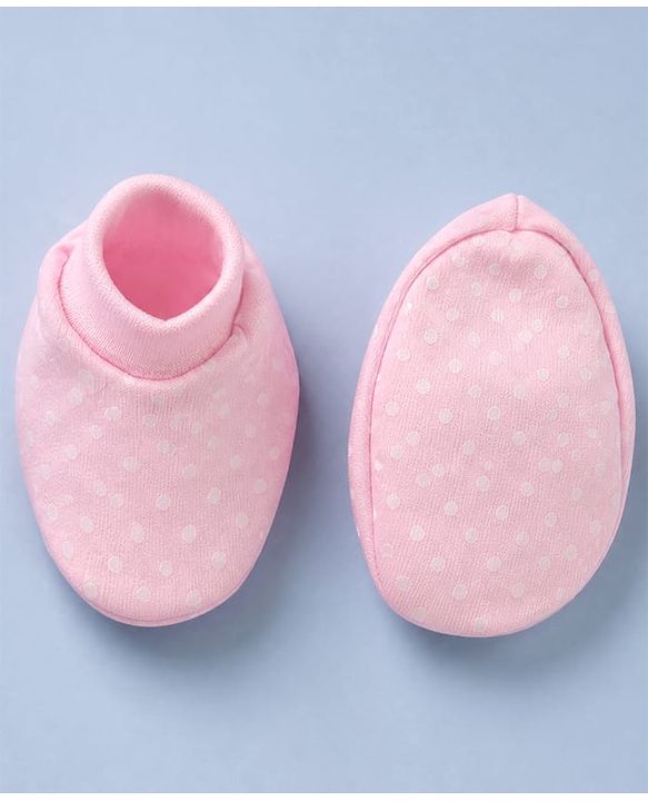 Babyhug 100% Cotton Interlock Knit Cap, Mitten & Booties with Polka Dots in Pink - Diameter - 14.5 cm
