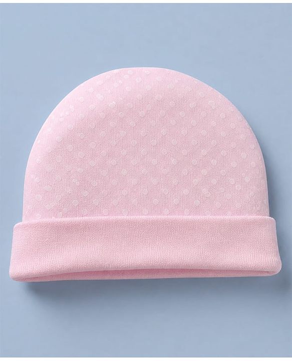 Babyhug 100% Cotton Interlock Knit Cap, Mitten & Booties with Polka Dots in Pink - Diameter - 14.5 cm