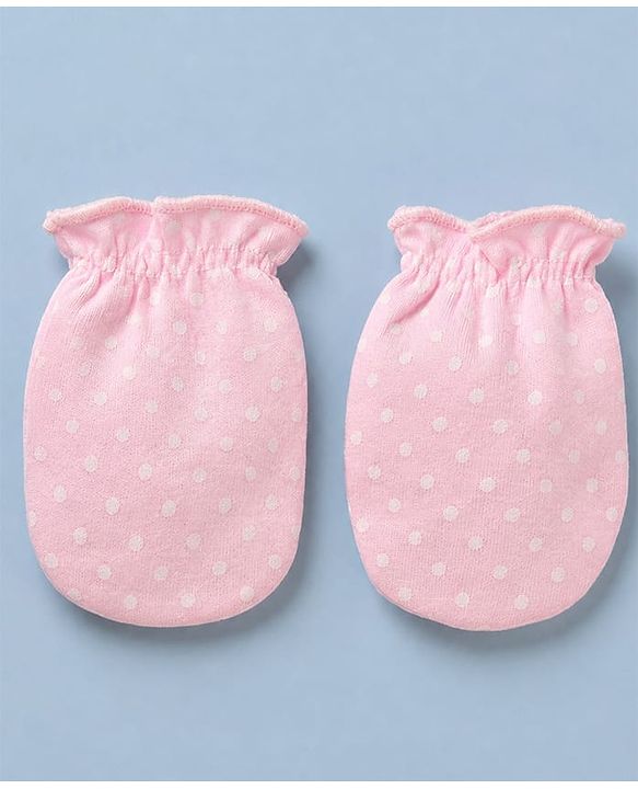Babyhug 100% Cotton Interlock Knit Cap, Mitten & Booties with Polka Dots in Pink - Diameter - 14.5 cm