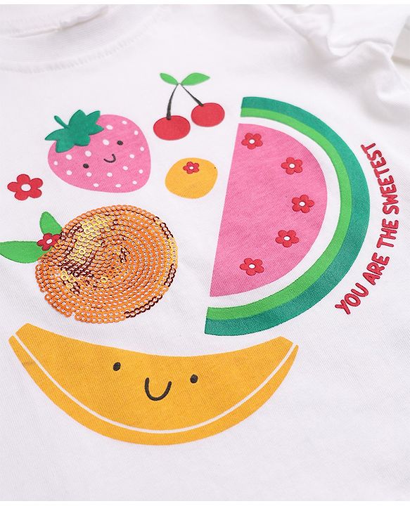 Babyhug 100% Cotton Knit T-Shirts with Full Sleeves, Frill Detail and Fruit Print - White