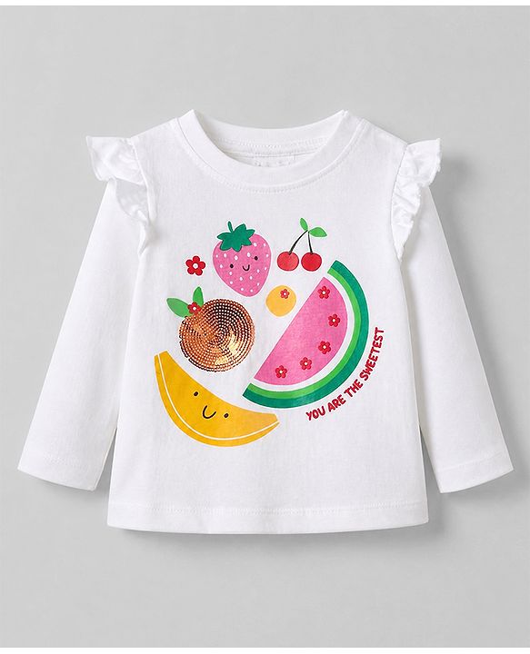 Babyhug 100% Cotton Knit T-Shirts with Full Sleeves, Frill Detail and Fruit Print - White