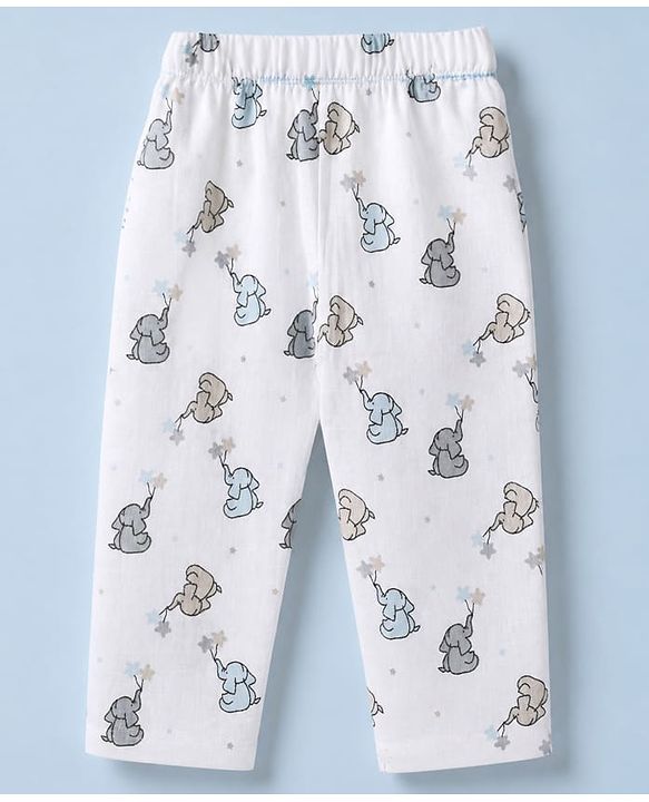 Babyhug Cotton Muslin Woven Front Open Co-ord Shirt & Pajama Night Suit with Elephant & Star Print - White
