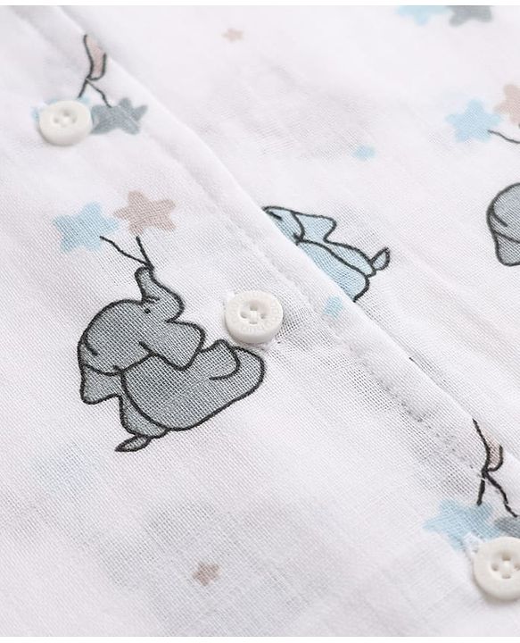 Babyhug Cotton Muslin Woven Front Open Co-ord Shirt & Pajama Night Suit with Elephant & Star Print - White