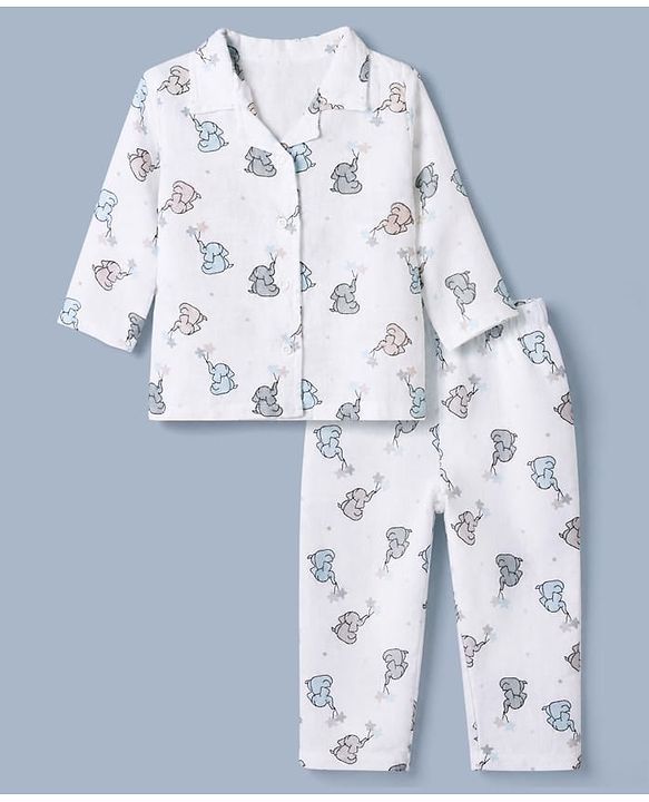 Babyhug Cotton Muslin Woven Front Open Co-ord Shirt & Pajama Night Suit with Elephant & Star Print - White