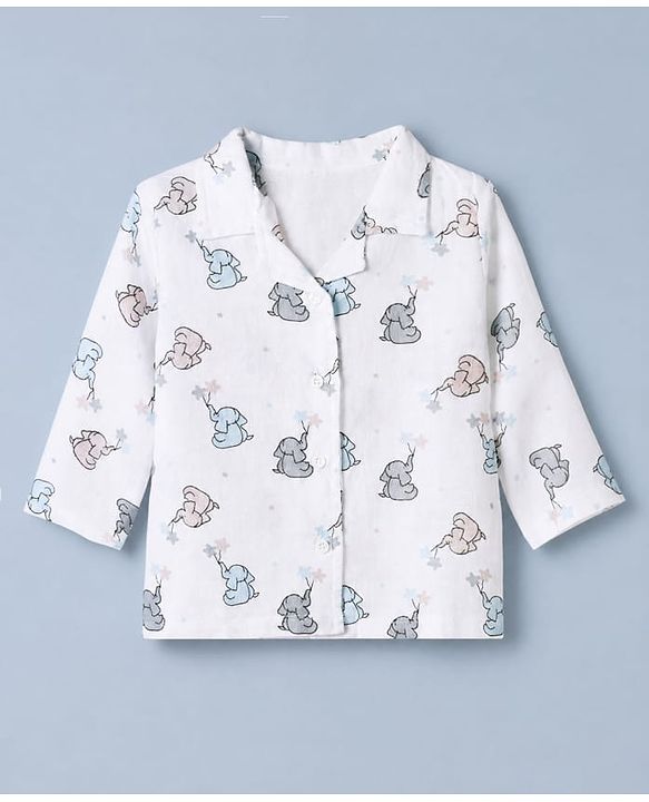 Babyhug Cotton Muslin Woven Front Open Co-ord Shirt & Pajama Night Suit with Elephant & Star Print - White
