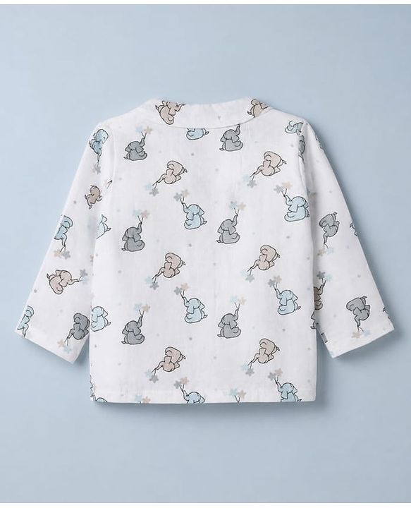 Babyhug Cotton Muslin Woven Front Open Co-ord Shirt & Pajama Night Suit with Elephant & Star Print - White