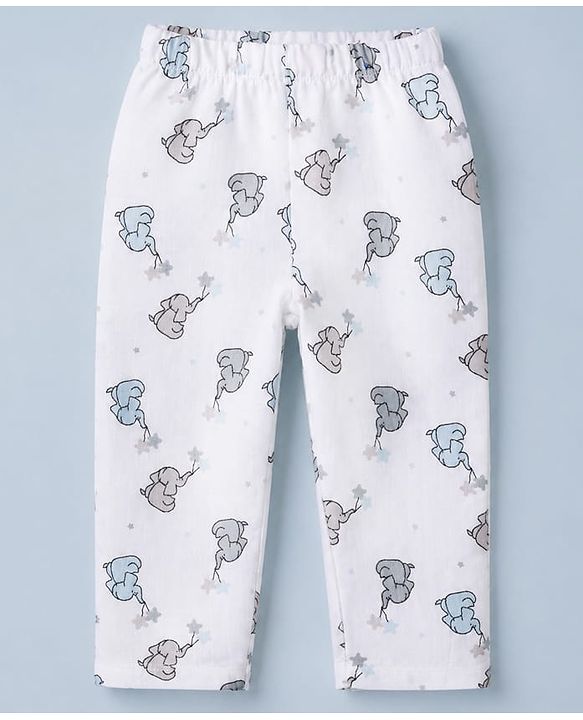 Babyhug Cotton Muslin Woven Front Open Co-ord Shirt & Pajama Night Suit with Elephant & Star Print - White