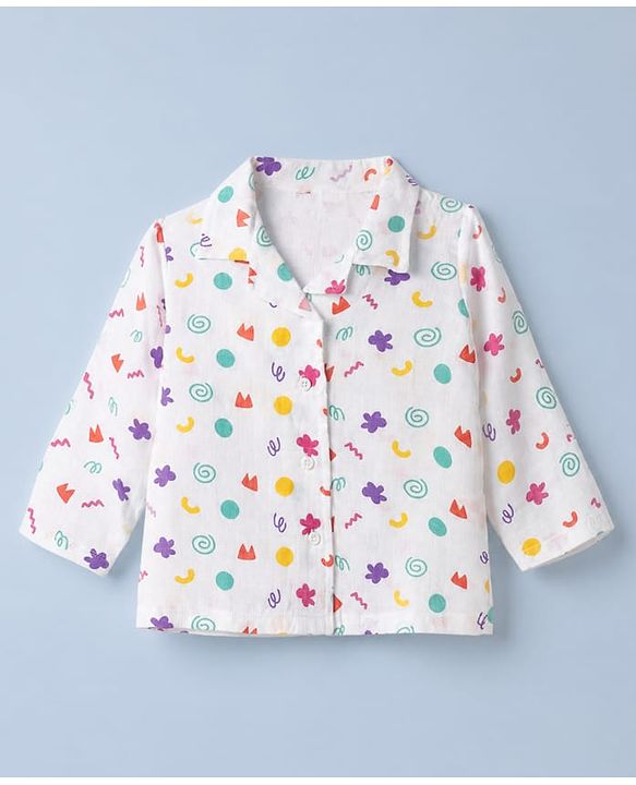 Babyhug Cotton Muslin Woven Front Open Co-ord Shirt & Pajama Night Suit with Flower & Polka Dots Shapes Print - White