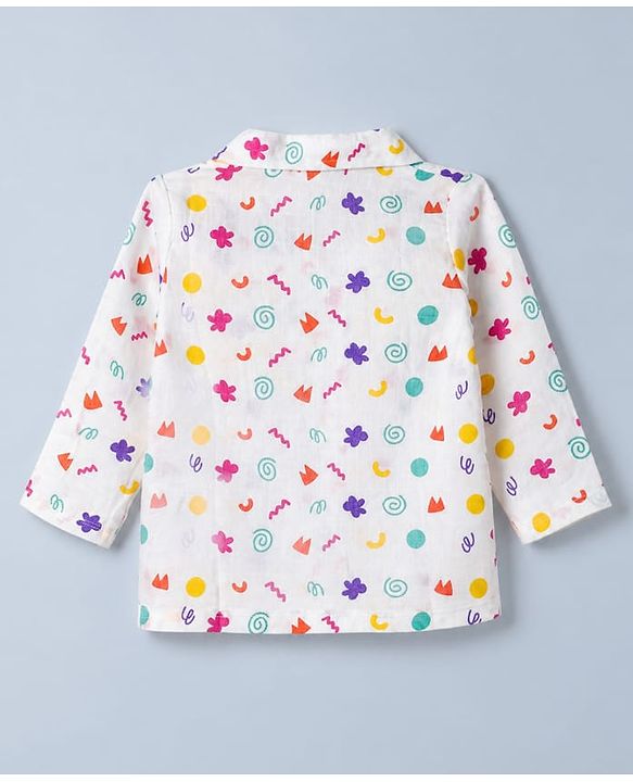 Babyhug Cotton Muslin Woven Front Open Co-ord Shirt & Pajama Night Suit with Flower & Polka Dots Shapes Print - White