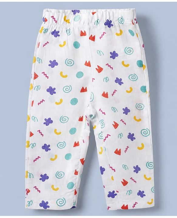 Babyhug Cotton Muslin Woven Front Open Co-ord Shirt & Pajama Night Suit with Flower & Polka Dots Shapes Print - White