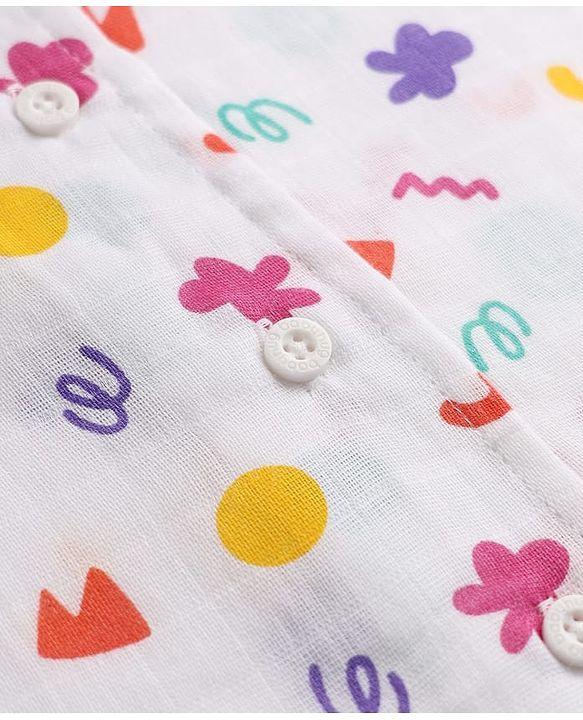 Babyhug Cotton Muslin Woven Front Open Co-ord Shirt & Pajama Night Suit with Flower & Polka Dots Shapes Print - White